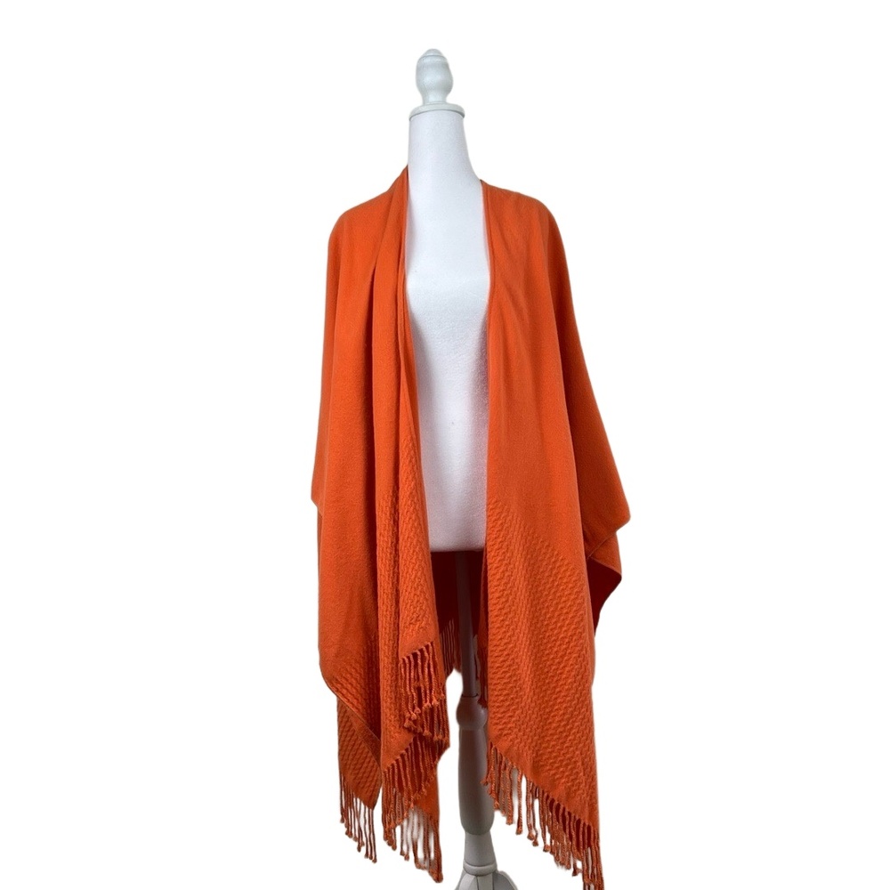 Mer Sea Shawl Wrap‎ Open Front Orange Fall Fringe Hem Luxe Knit Travel Cozy